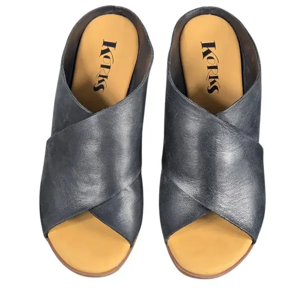 Korks Violetta Wedge Sandals Womens 7 Black Leather Criss Cross Comfy Vacation - Picture 5 of 11